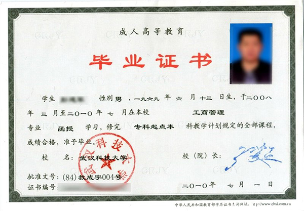 武汉科技大学2010年成教专升本毕业证样本图