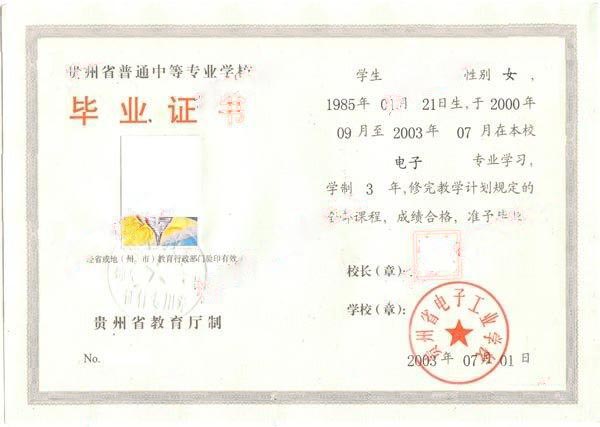 贵州省电子工业学校2003年中专毕业证样本图
