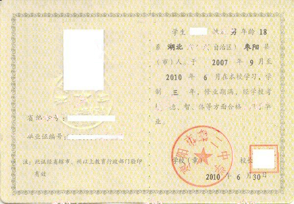 湖北省枣阳市第二中学2010年高中毕业证样本图