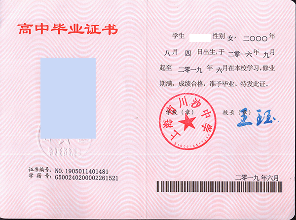 上海市川沙中学高中毕业证样本图